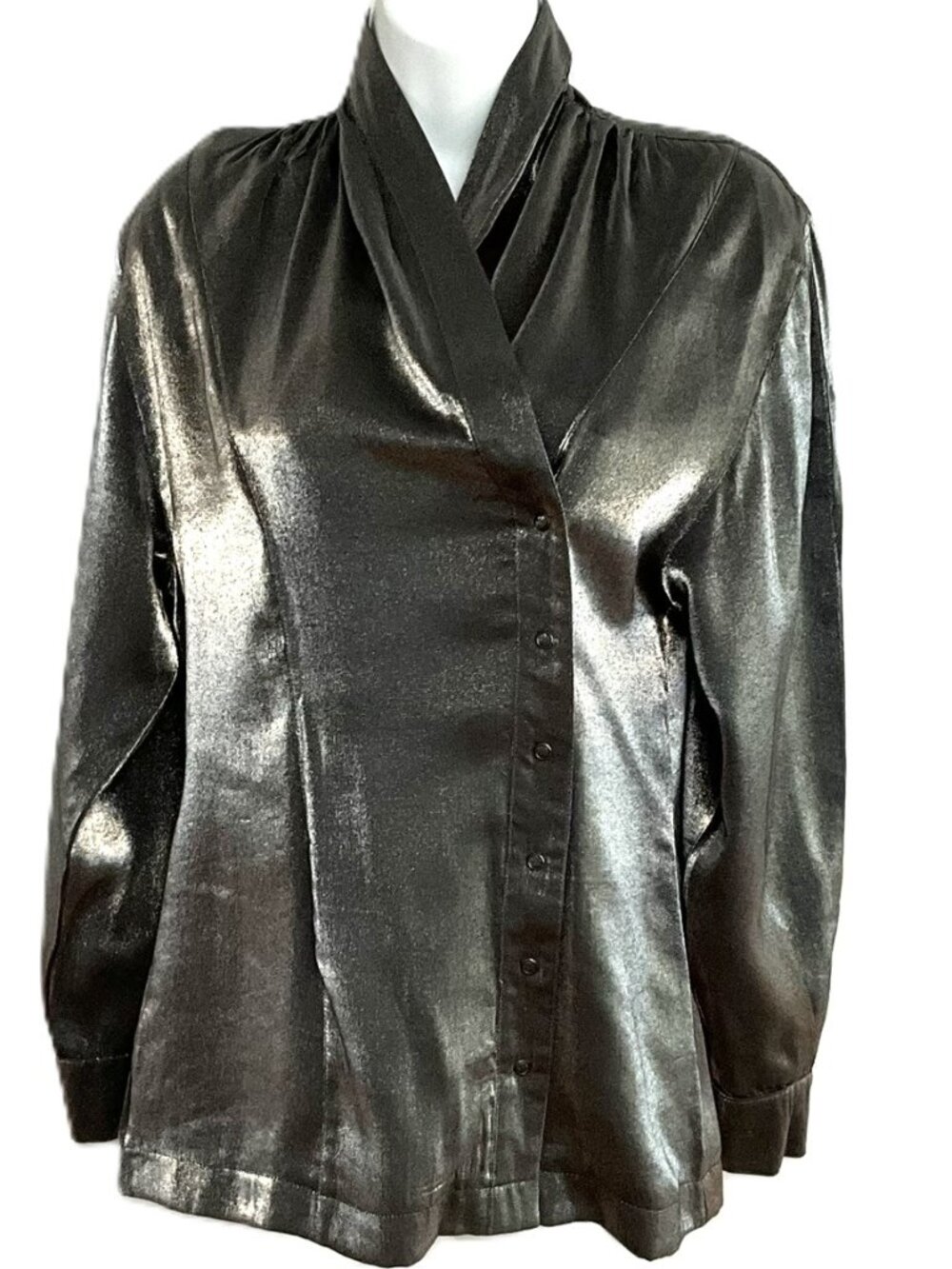Clasen Vintage Silver Metallic Shimmer Blouse Drapped Collar IT38 Italy